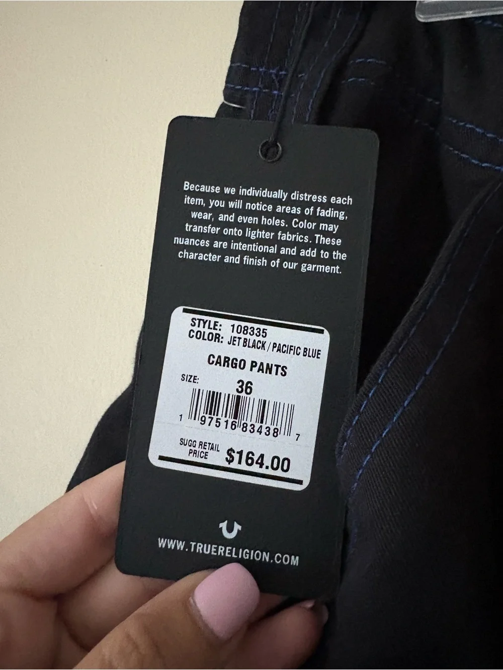 True Religion Black Cargo Pants with Blue Stitching Sz. 36 New